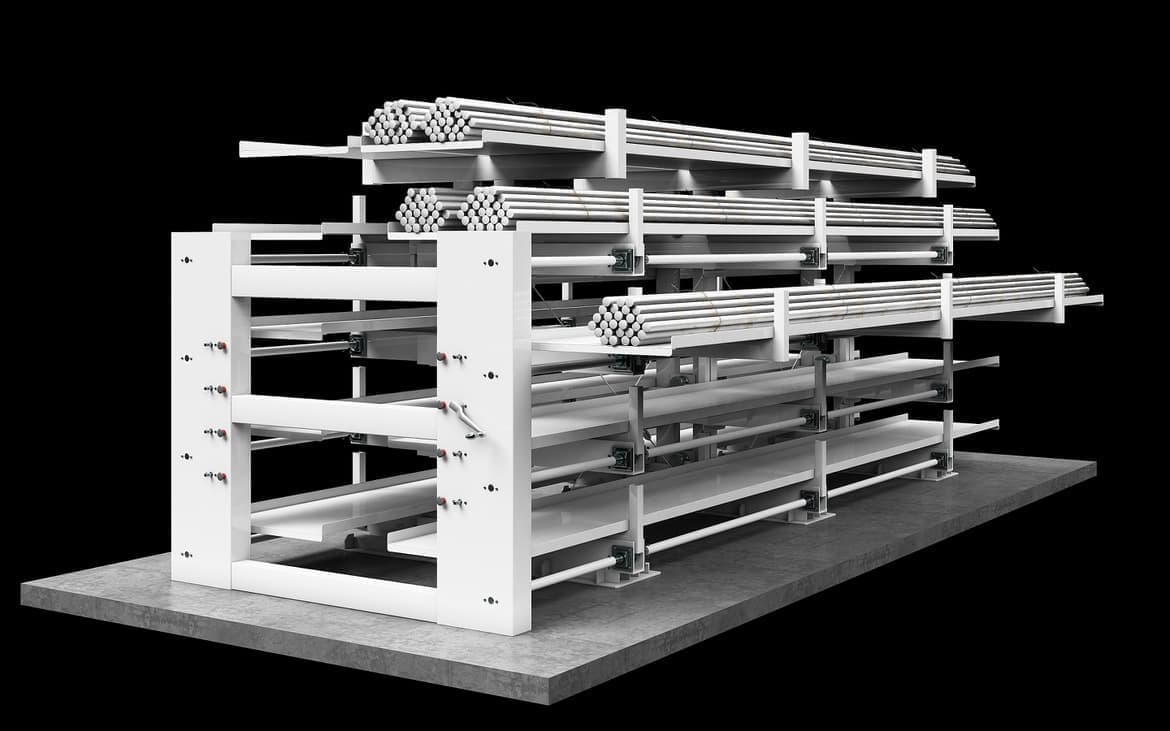 長尺物の保管什器スライドアームラックの写真　長尺物保管棚　スライド棚　長尺ラック　スライド棚鋼材保管　鋼材置き場　安全導入　