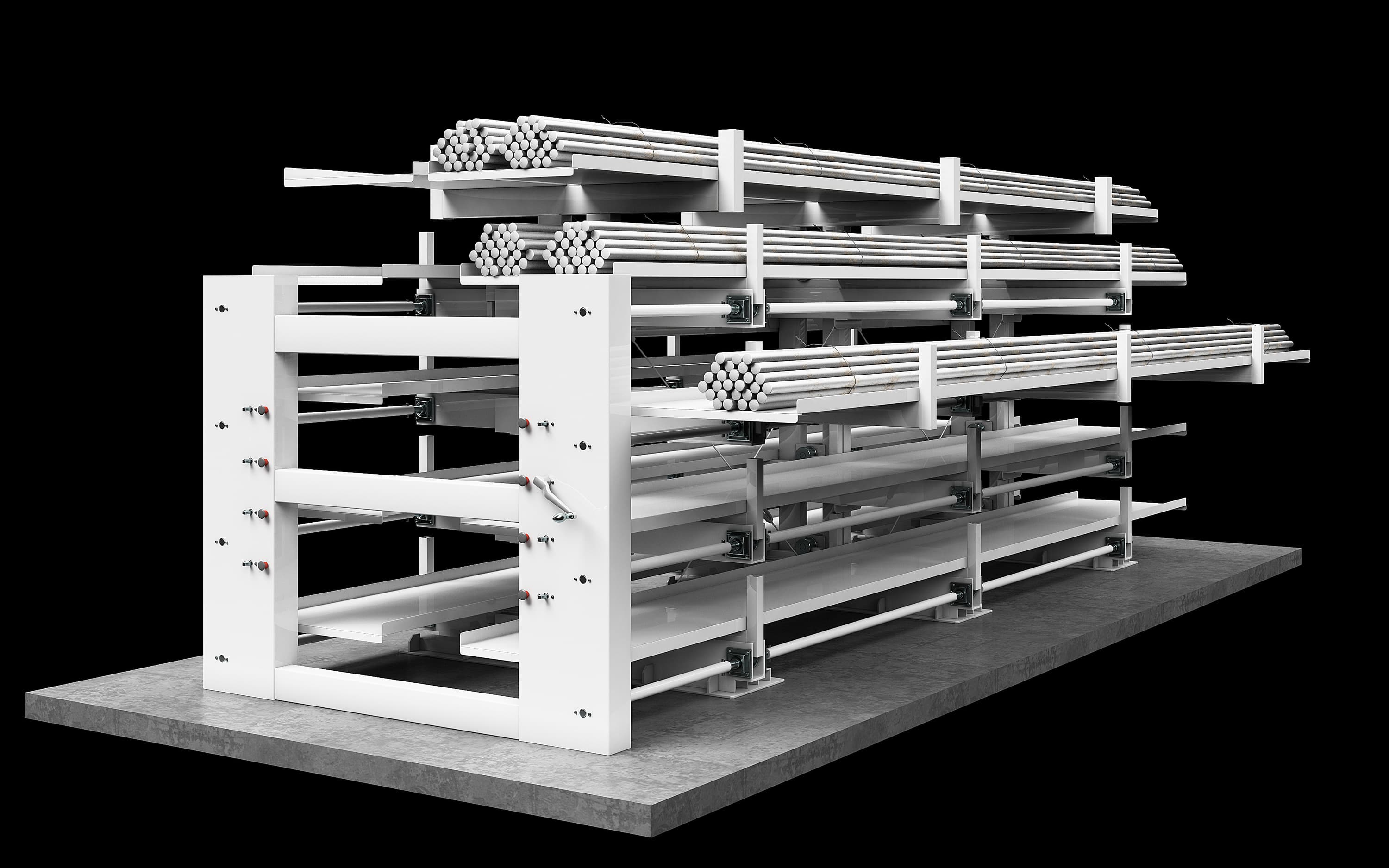 スライド棚の導入は金剛株式会社　スライドラック　スライドアームラック　フルスライド棚　作業効率向上　省スペース　長尺物の鋼材置き場に最適　保管　収納　鋼材置き場　鋼材置き棚